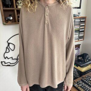 Vintage 90s Earthy Tan 3-Button Henley Cotton Knit Sweater ~ Size Large